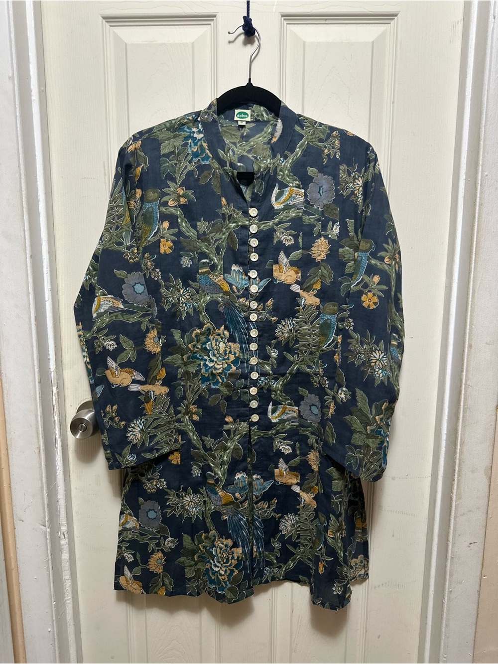 Dolma Chinoiserie Bird & Floral Cotton Button-Down Tunic - Size S